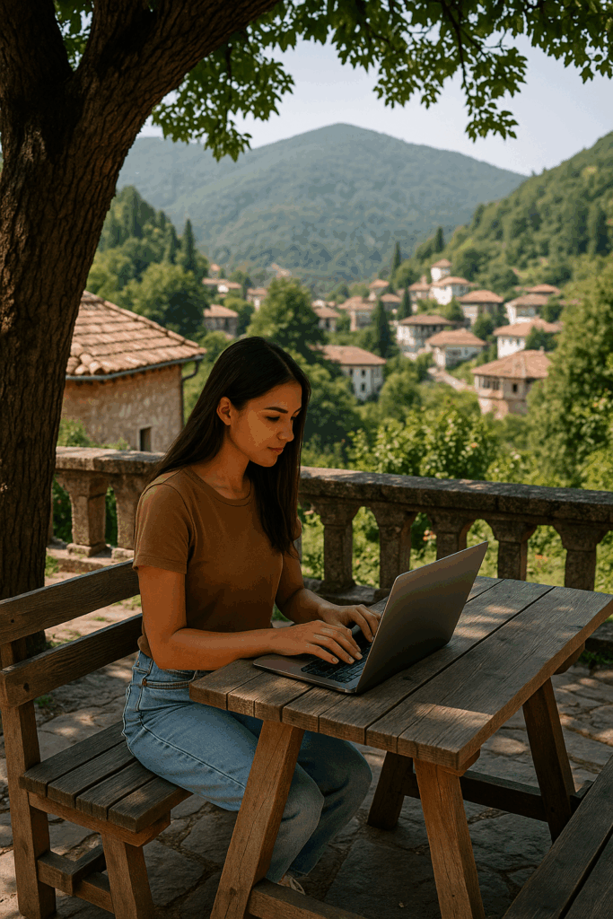 A young woman working on a laptop at a rustic wooden table under a tree, with a peaceful mountain village in the background.