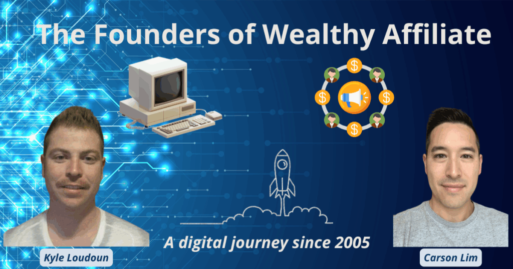 Image of Kyle Loudoun and Carson Lim, founders of Wealthy Affiliate, with tech-themed icons and the text “A digital journey since 2005.”