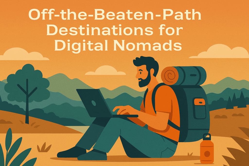 Illustration of a digital nomad working on a laptop in nature, with mountains and trees in the background and warm orange tones.