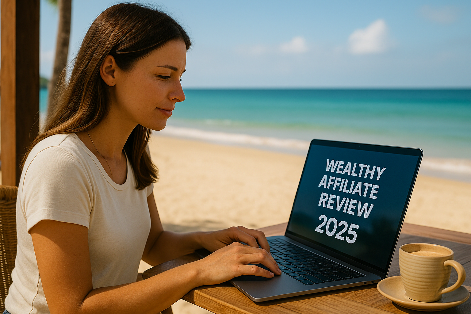 Woman working on a laptop at a beachside table, with “Wealthy Affiliate Review 2025” displayed naturally on her screen, facing her in a realistic orientation.