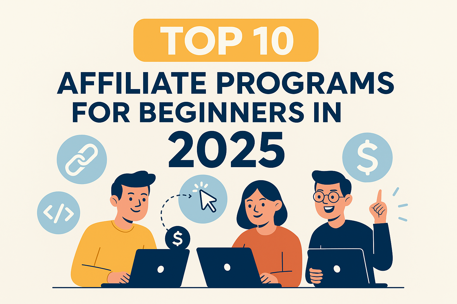 Illustration of three beginner affiliate marketers using laptops, surrounded by affiliate marketing icons like links, dollar signs, and a “Top 10” badge.