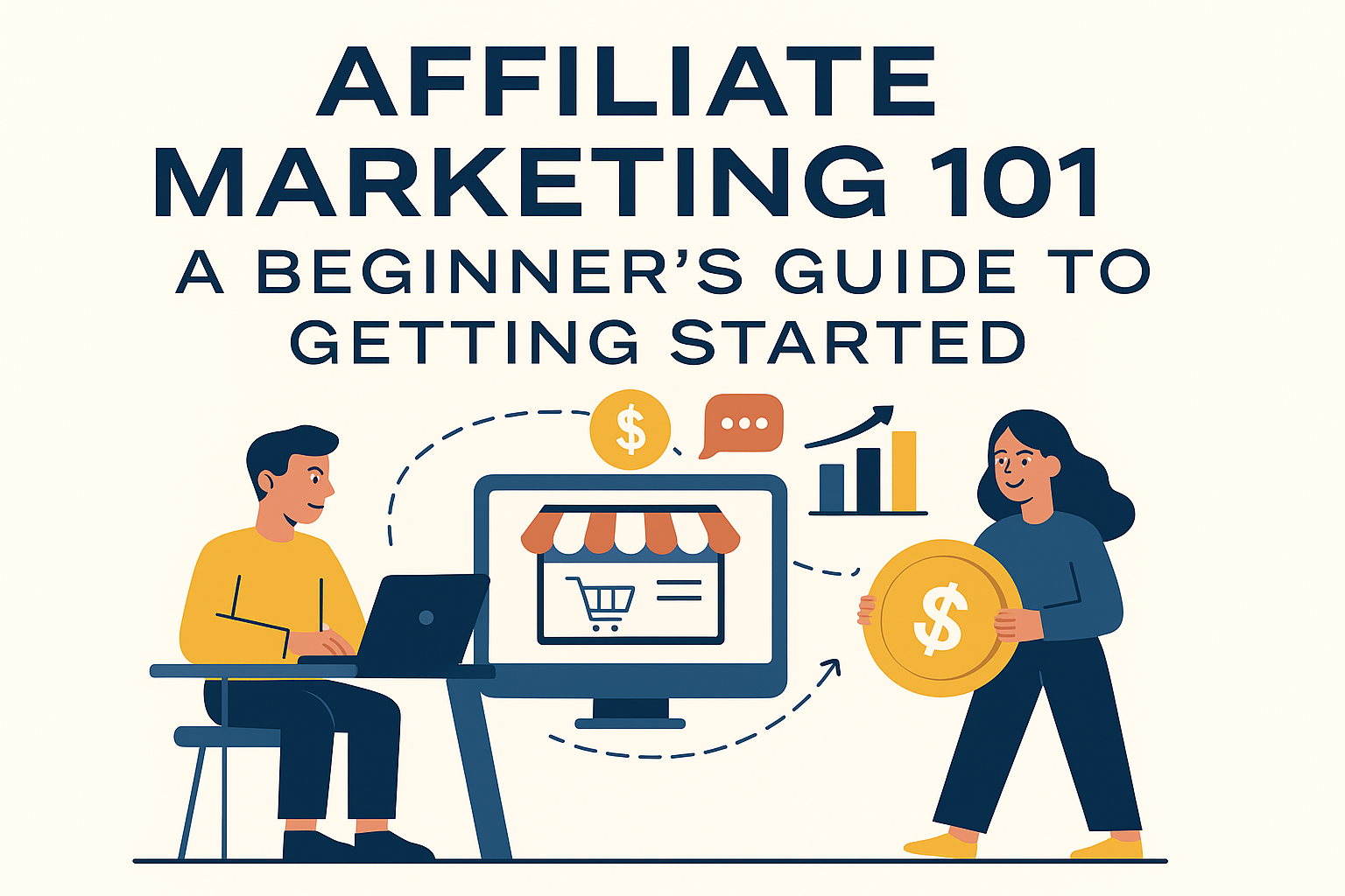 Horizontal flat-style illustration showing a man using a laptop and a woman holding a coin in front of a storefront graphic, with symbols of affiliate marketing like graphs, stars, and dollar signs.