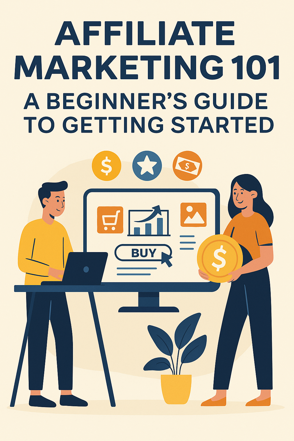 Flat-style infographic illustrating how affiliate marketing works: a content creator shares a link, a buyer clicks and purchases, and the affiliate earns a commission.