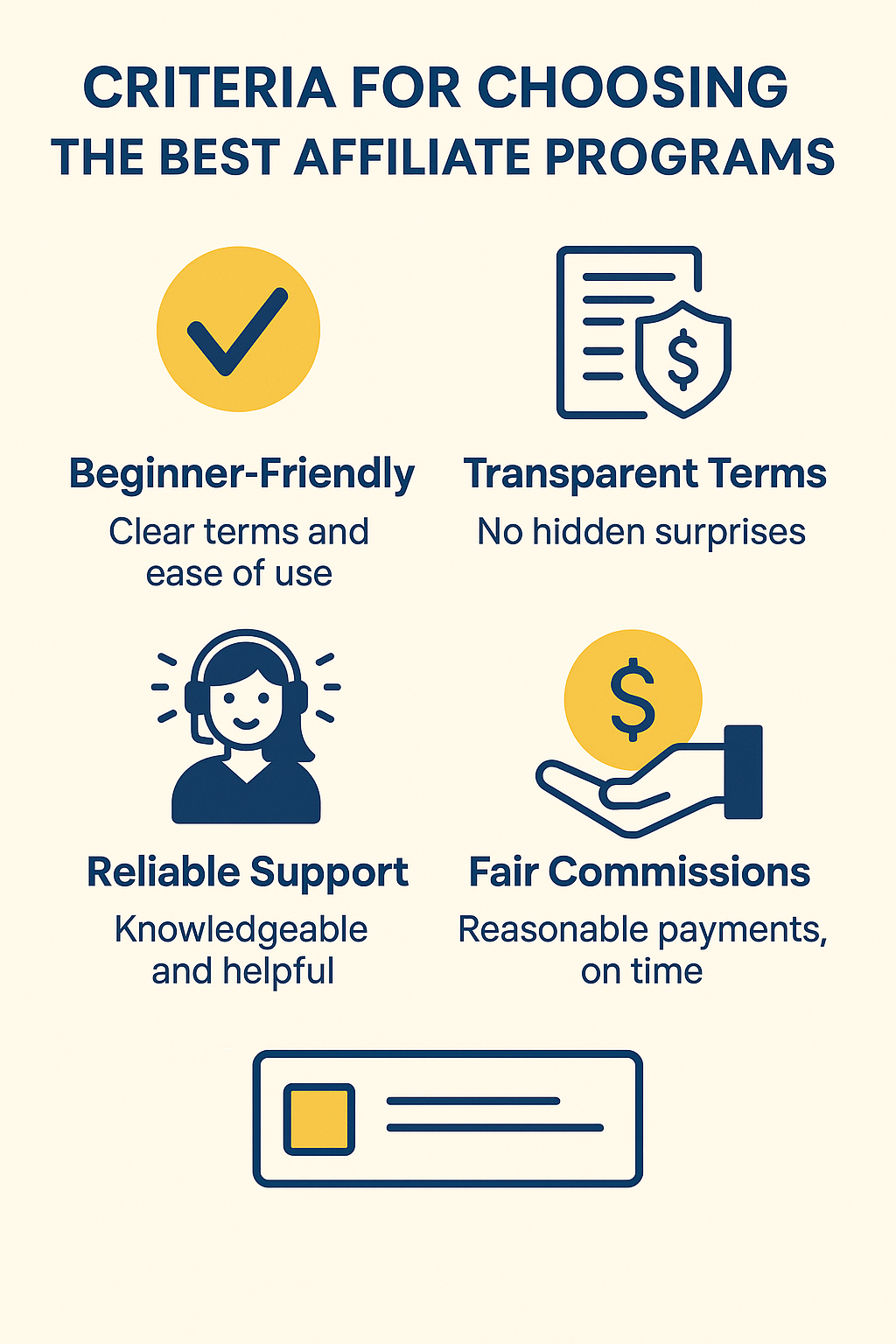 Criteria for Choosing the Best Affiliate Programs
Choosing the right affiliate program can feel like navigating a maze, especially with so many options out there. But here's the thing – it's all about knowing what to look for. A beginner-friendly program should be clear and straightforward, with easy-to-understand terms and conditions.
Make sure the program offers transparency. You want to know how the commissions work and when you'll get paid without any hidden surprises. Look for programs that give you honest breakdowns of their terms, making you feel confident about the partnership.
Reliable support is a game-changer. Life happens, and when it does, having a supportive team to turn to can save the day. Whether you're stuck or just need advice, having knowledgeable people on the other end makes a world of difference.
And don't forget about compensation! Opt for programs that respect your time and efforts by providing fair commissions. Timely payouts keep the motivation high, fueling your dedication to make this journey worthwhile. Picking a program isn't just a stepping stone; it's the foundation of your affiliate marketing adventure.