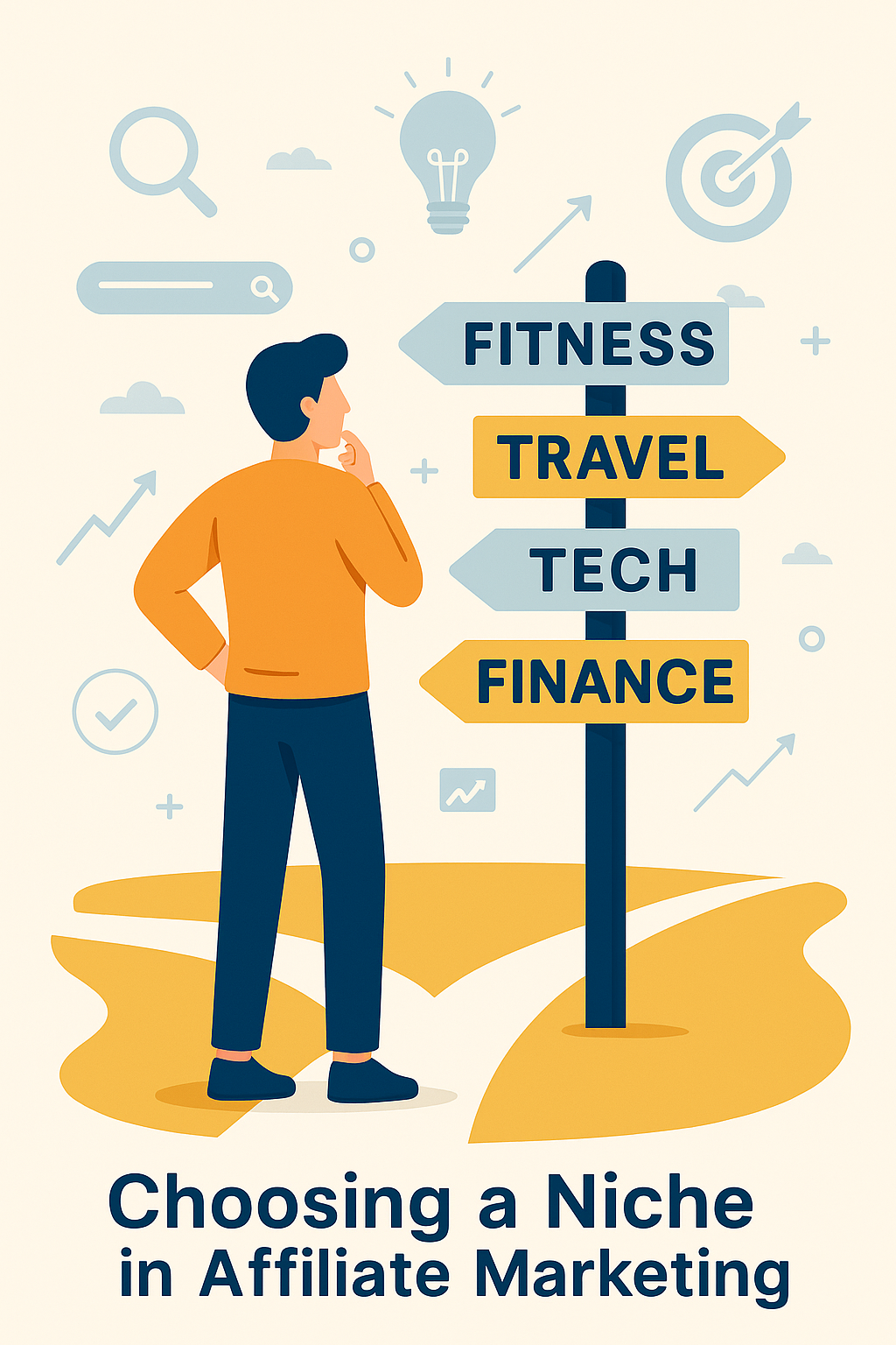 Digital illustration of a young man standing at a crossroads labeled with niche options like “Fitness,” “Travel,” “Tech,” and “Finance,” symbolizing decision-making in affiliate marketing.