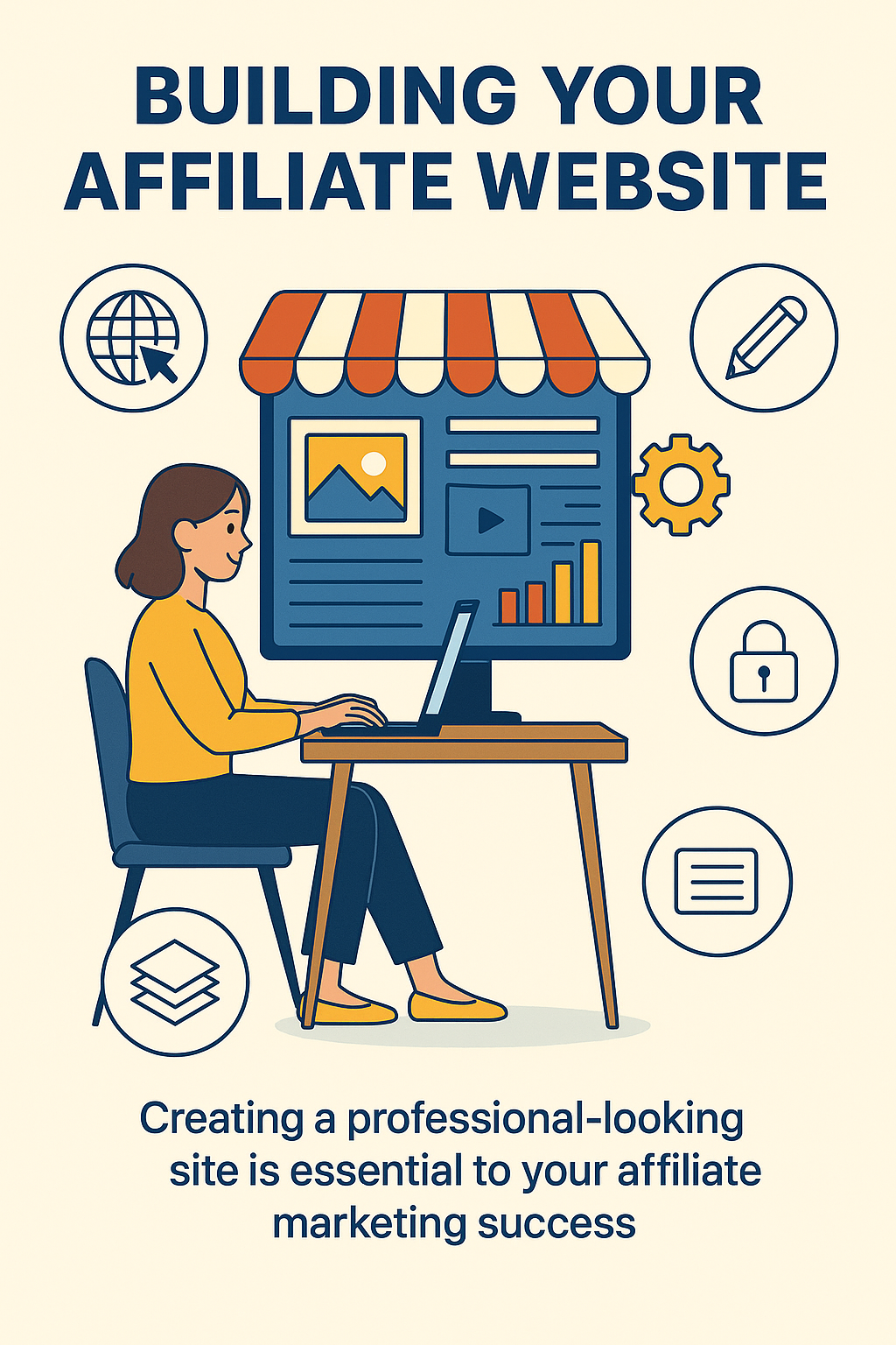 Flat-style infographic of a young woman building an affiliate website at her desk, surrounded by icons for content, SEO, tools, and settings, with a monitor styled like an online storefront.