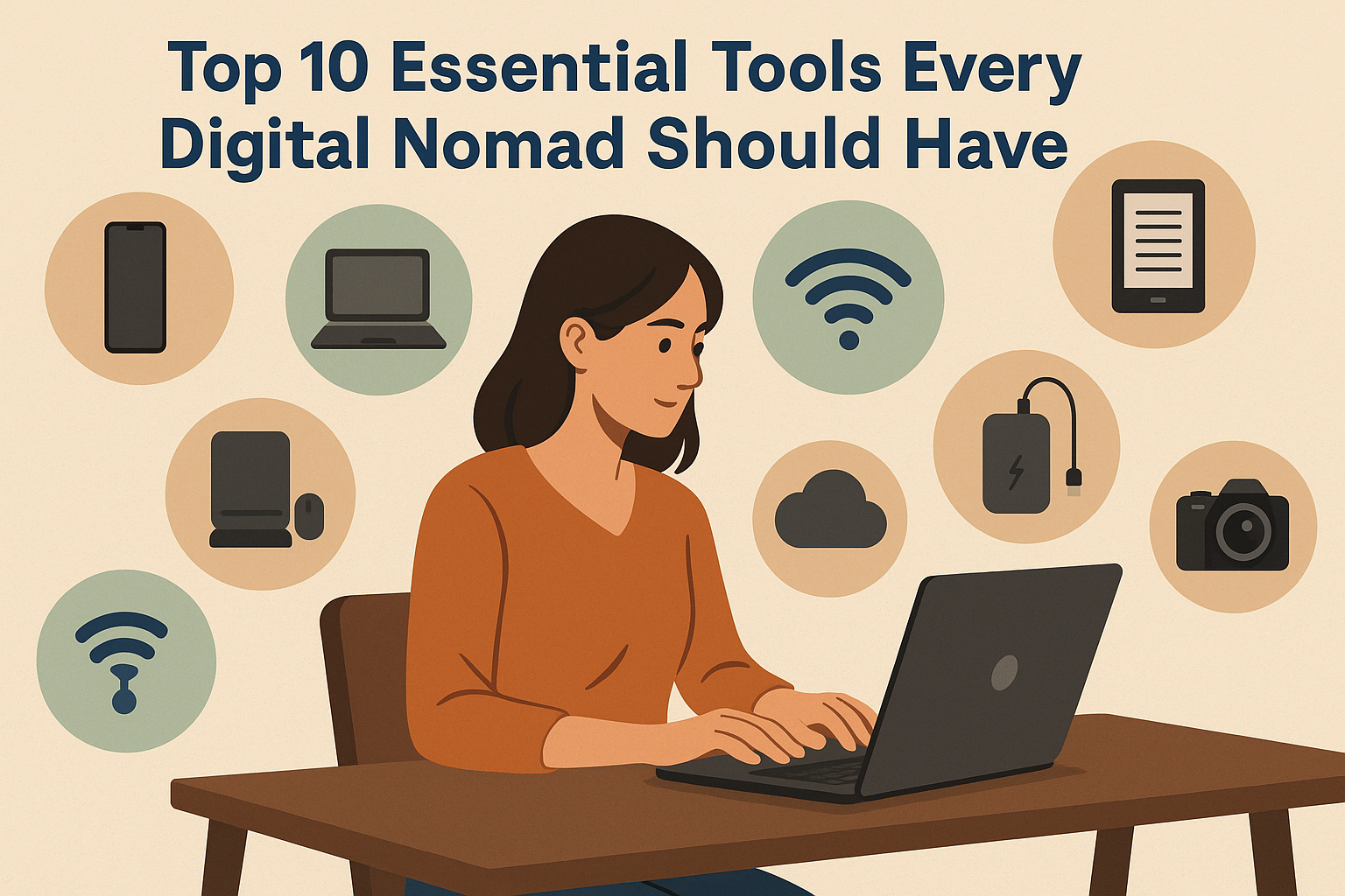 A flat-style illustration of a young woman working on a laptop at a wooden table, surrounded by icons representing essential digital nomad tools such as a smartphone, laptop, Wi-Fi symbol, e-reader, tablet, cloud storage, power bank, and camera.